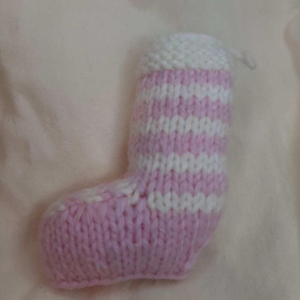 Vtg Miniature 4" Handmade Knit Crochet Christmas Stocking Pink/White Ornament